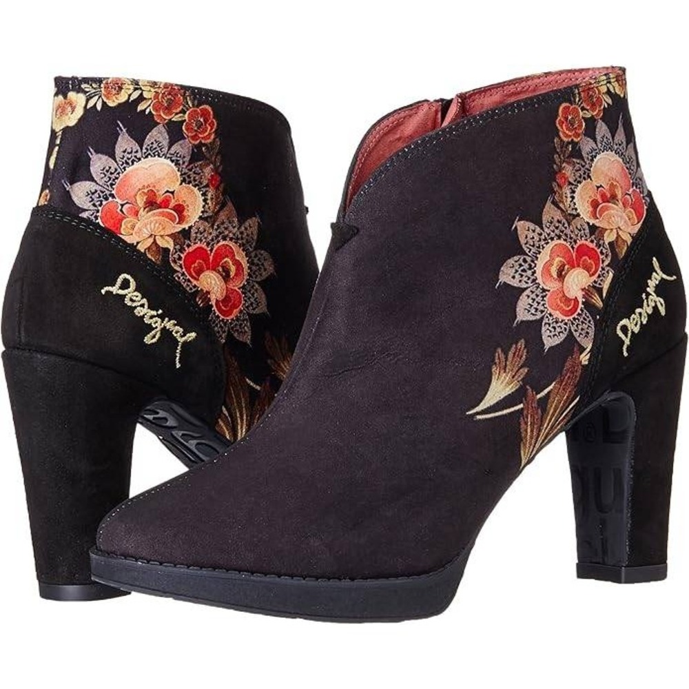 Desigual Art Floral Embroidered Black Faux Suede Ankle Boots Block Heel Zip 8.5